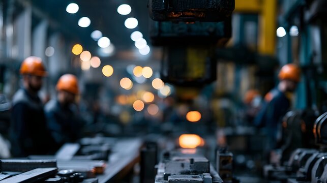 An automated metal forging workshop bathed in soft ambient light creates a mood of wonder and calm among the industrial workers