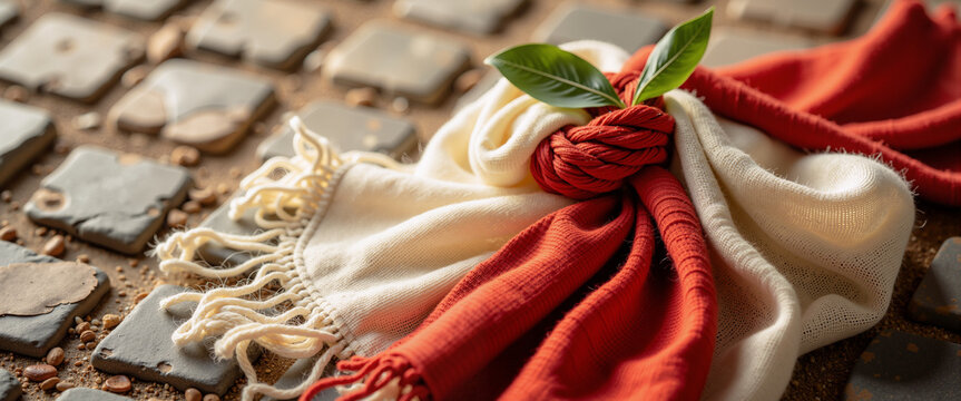 Red and white scarves with a green leaf on cobblestone ground.