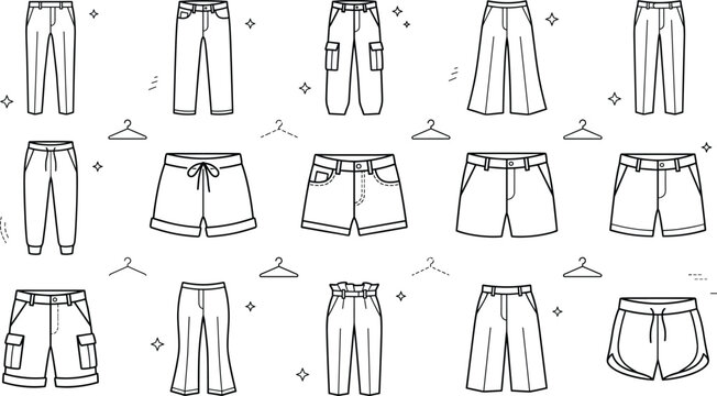 Pants trousers and shorts clothing line icon set featuring jeans cargo sweatpants joggers and apparel symbols