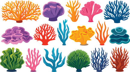 Colorful Sea Coral Reef Vector Set with Ocean Algae Kelp Undersea Plants and Marine Polyp Symbols for Tropical Beach Summer Pattern Graphic Designs © Roymohan