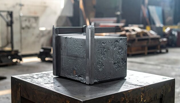 Unpolished dark grey tungsten block with heavy-duty metal handles sitting firmly on a workbench in an industrial setting