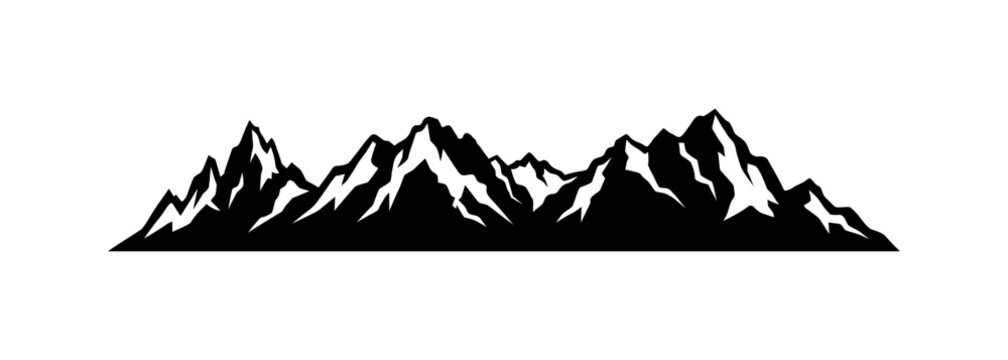 Long horizontal mountain range panoramic silhouette vector with detailed rocky textures and multiple peaks for website headers banner designs and landscape background architectural elements.
