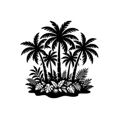 Obraz premium Palm tree silhouette collection with tropical leaves on white background for summer beach design projects representing exotic island paradise vacation atmosphere in black isolated vector art.