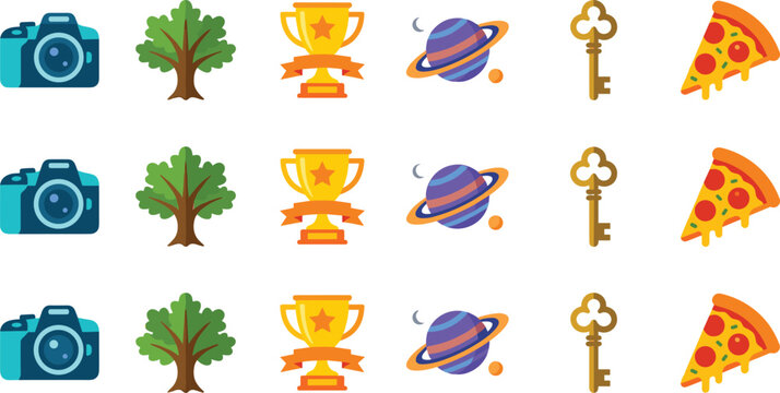 Cute Flat Vector Icon Set with Repeated Rows of Camera Tree Trophy Planet Key and Pizza for Children Memory Games and Interactive Educational Apps
