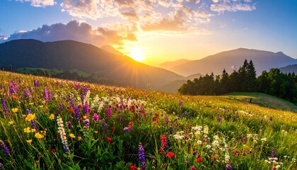 Fototapeta premium Vibrant Wildflowers in Mountainous Landscape at Sunset.