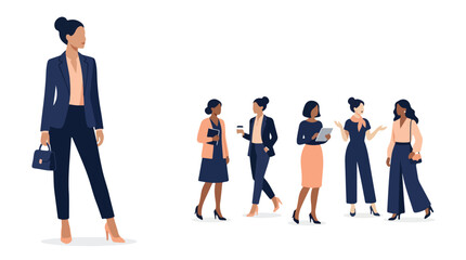 Obraz premium Professional business women vector set, diverse female office characters in formal suits, successful corporate women group for presentation