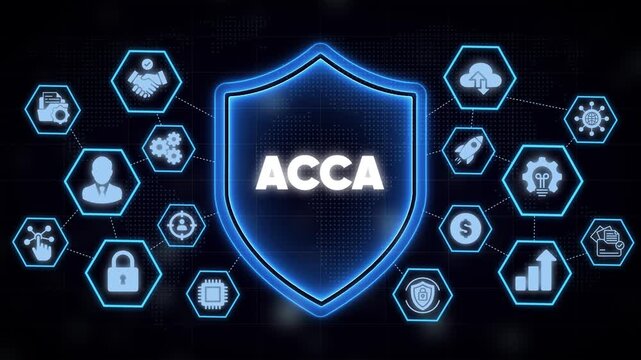 Acca certification concept with digital shield and business network motion accounting desi