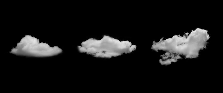 Realistic white clouds, isolated on a black background. Soft, fluffy cloud elements with natural texture and detailed edges. Sky illustration, overlay, digital artwork, and creative design.