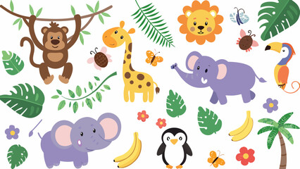 Cartoon safari animals and tropical foliage illustration featuring a monkey giraffe elephant and toucan animal theme vector © Rabindrabath