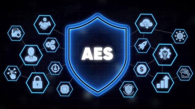 Aes encryption security shield concept: advanced data protection and cyber defense network