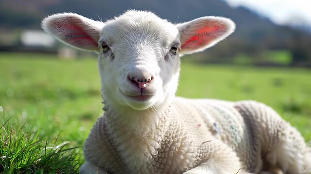 Cute white lamb resting in a sunny green pasture
