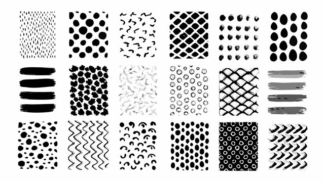 Collection of twelve black ink brush stroke patterns on a white background showcasing varied textures and designs
