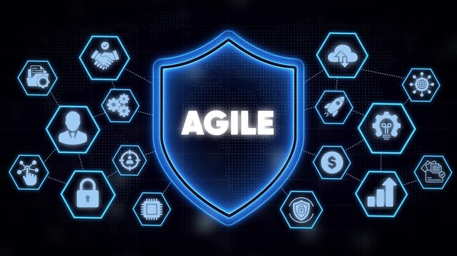 Agile methodology concept with digital shield and business workflow network animation desi