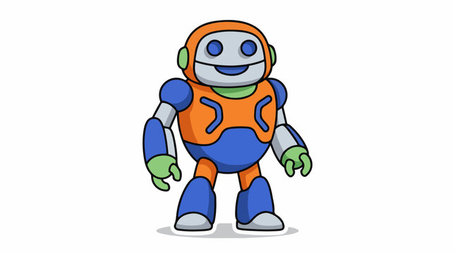 A cartoon robot with orange blue green and grey coloring