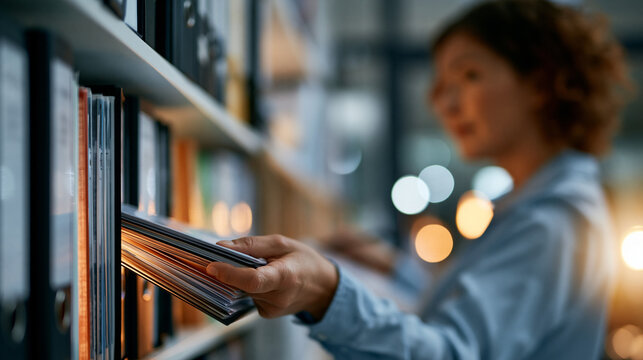 A wide shot of a businesswoman organizing softly calm policy binders on a bright office shelf binder organize open face bright office soft daylight full scene