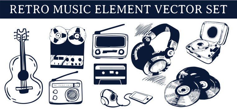 Retro music element vector set, hand drawn vintage boombox, headphones, microphone and turntable sketch doodle pack isolated on white background.