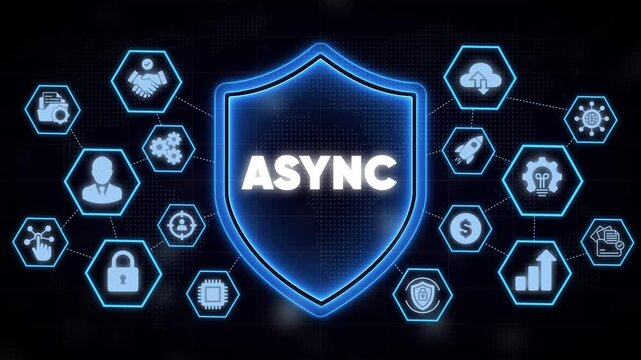 Async programming concept with digital shield and network for tech infrastructure software