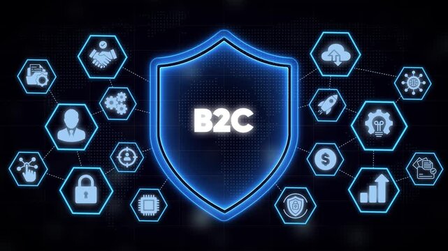 B2 c business to consumer digital marketing strategy concept with glowing shield ui