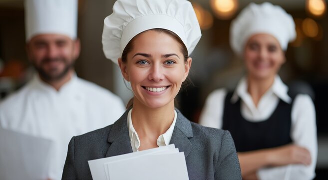 A manager in a chef's uniform with a team. A woman in a chef's uniform and a business suit represents the chef's team. The concept of versatility and quality control.