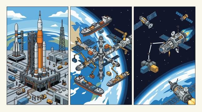 Detailed isometric infographic showing the stages of space exploration from launch pad facilities to orbital cargo shipping and satellite operations