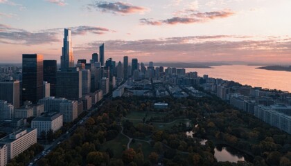 Obraz premium Aerial view of a city skyline at sunset with tall buildings, a large park in the foreground, and a body of water extending into the horizon.