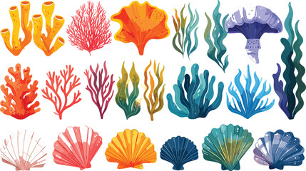 Watercolor Coral Reef Vector Set with Colorful Seaweed Kelp Ocean Plants and Scallop Seashell Elements for Summer Beach Invitation Pattern Designs © Roymohan