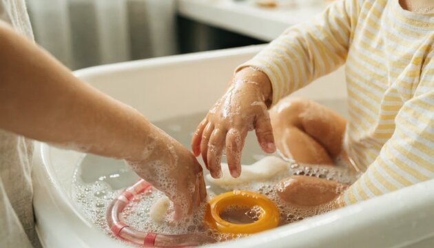 A baby playing with bath toys while an adult's hand helps wash their soapy hands in a white baby bathtub.
