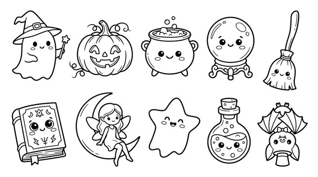 Halloween cartoon characters and symbols are illustrated in black and white.