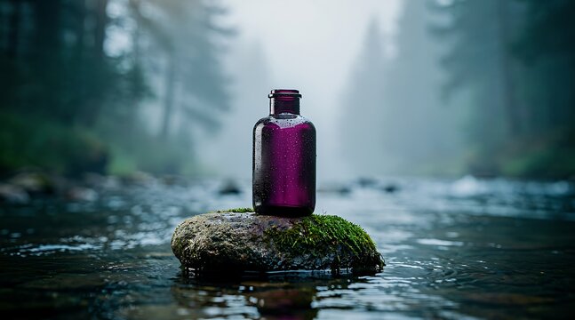 Purple Bottle on Mossy Rock in Serene Forest Stream.