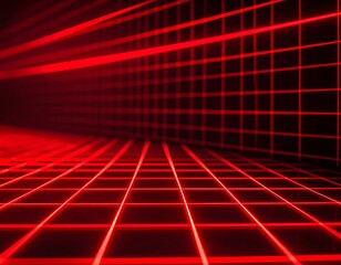 Fototapeta premium Abstract red grid background with perspective and glowing lines.