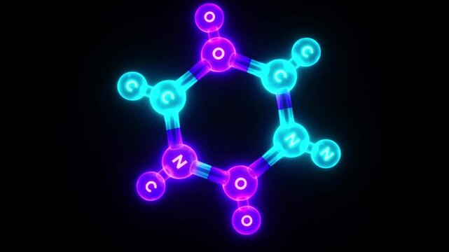 Large simplified molecular structure with glowing atoms and thick bonds, slowly rotating, dark background, chemistry concept