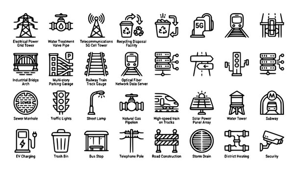 Infrastructure line icon vector set with city public utility and civil engineering outline symbols