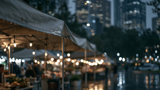 Rain soaked night market in Melbourne where a multicultural group of second-generation immigrants cook dishes from four continents side by side under dripping canvas awnings,