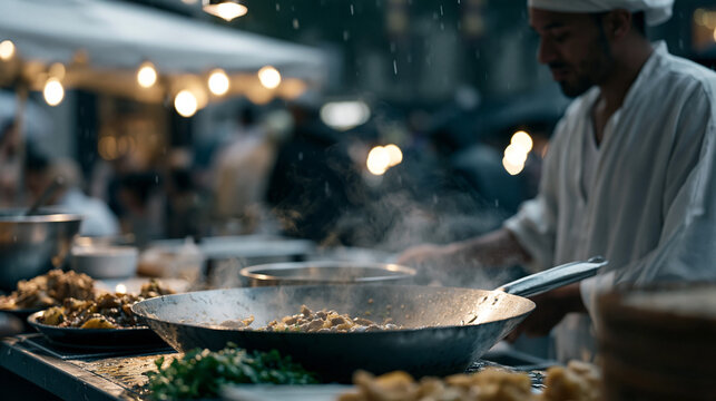 Rain soaked night market in Melbourne where a multicultural group of second-generation immigrants cook dishes from four continents side by side under dripping canvas awnings,