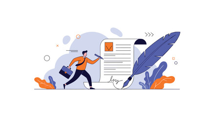 Obraz premium Businessman runs toward a giant document to sign it with a feather quill pen, representing the finalization of contracts and business deals.