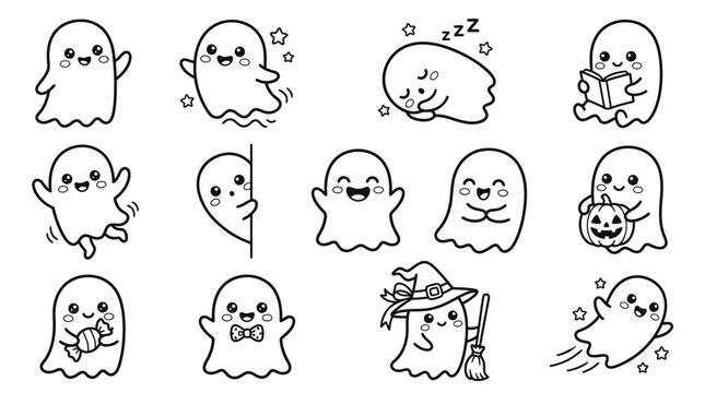 Halloween ghosts perform actions with smiling faces and stars around them in illustrations.