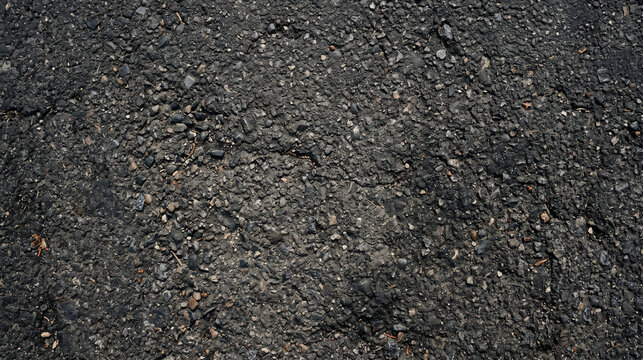 Closeup of dark asphalt texture with small stones and a patch of green moss