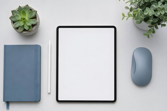 Overhead flat lay of modern health technology innovation office