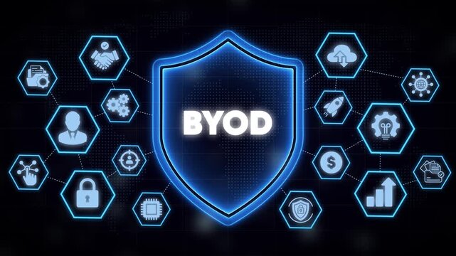 Byod bring your own device concept with digital shield and cybersecurity network