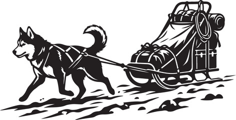 Black and White Vector Illustration of a Strong Sled Dog Pulling a Loaded Sleigh Through the Arctic Snow © Mahfuzur