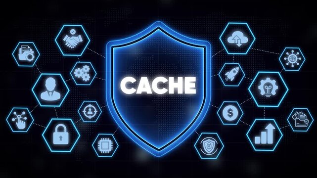 Cache data security concept with digital shield and network connectivity infographic