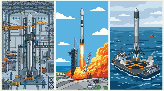 Detailed vector illustration showing the assembly launch and sea landing of a modern reusable orbital rocket for space exploration missions