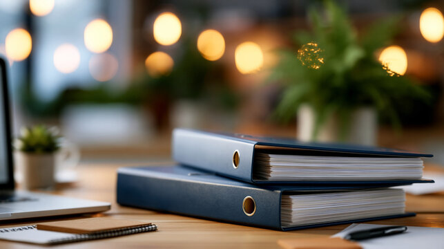 A wide shot of two calm policies and procedure binders resting softly on a bright office desk procedure binders faceless still softly defocused backdrop bright office