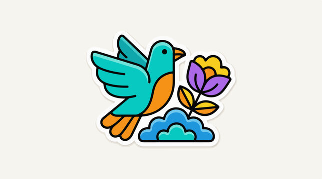 A colorful bird flies next to a flower on a cloud