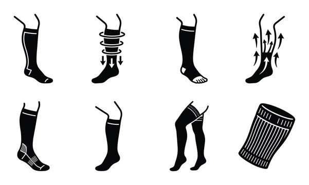 Flat black vector icons show medical compression socks and stockings.