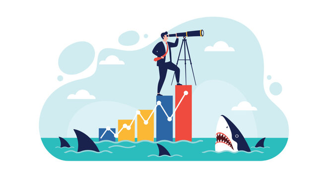 Strategic businessman using a telescope on top of a bar graph to look for sharks in the water representing risk management and market vision.