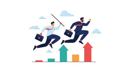 Fototapeta premium Two competitive business people jumping over colored arrows and rising bar graphs to represent business hurdles and professional growth.