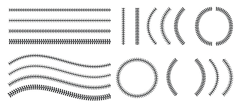 Graphic baseball seam patterns with straight wavy curved lines and circles.