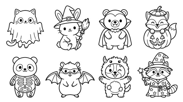 Cute cartoon animals in Halloween costumes playfully illustrated in black and white line art style.