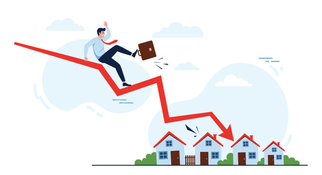 Panic businessman sliding down a sharp red arrow toward a row of houses to represent a crash in the housing market and economic downturn.